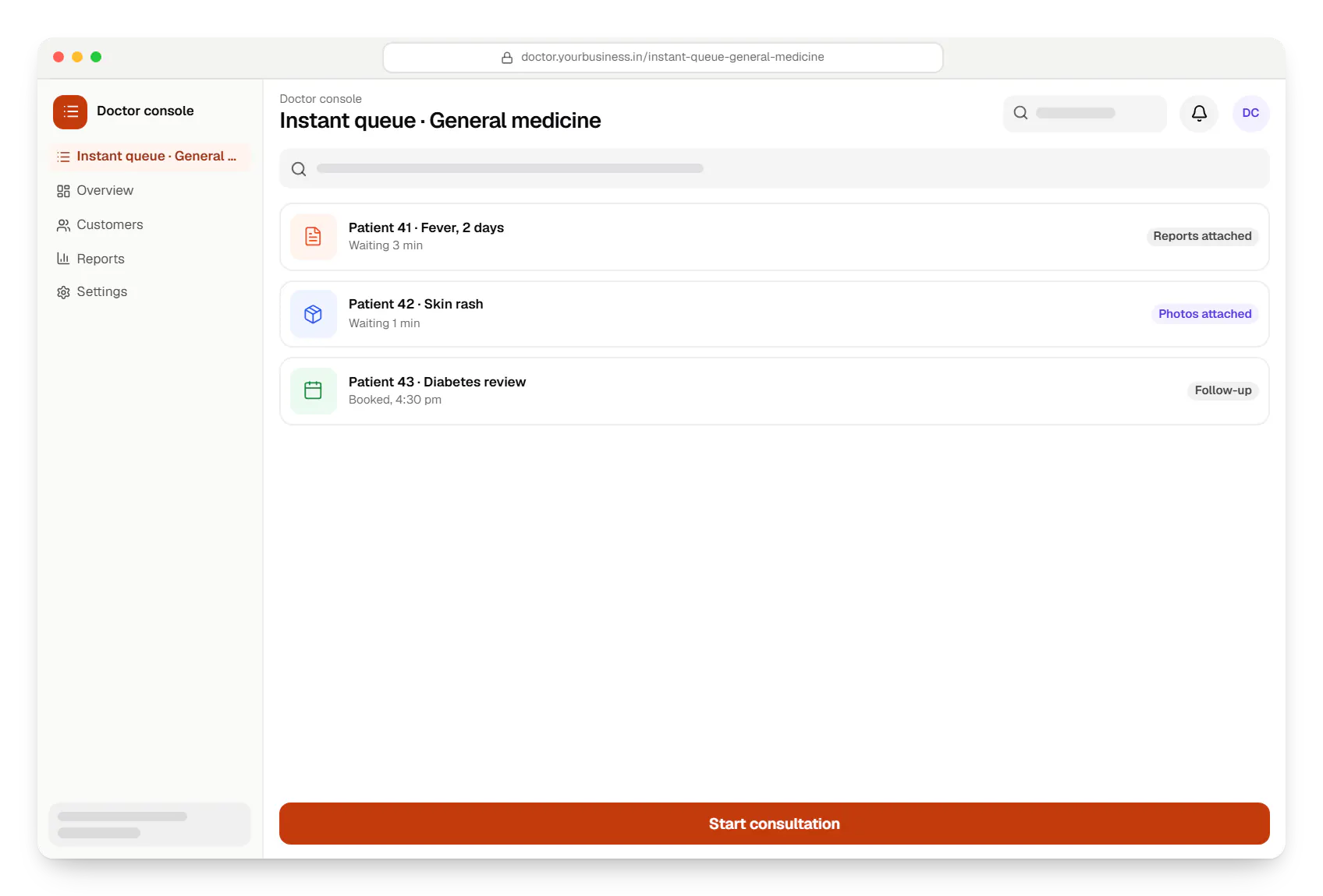 Telemedicine software doctor console instant queue in a web browser, with 3 entries