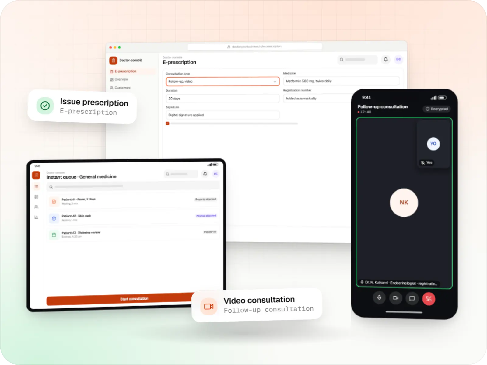 Telemedicine software screens: doctor console in a browser, doctor console on a tablet and patient app on a phone