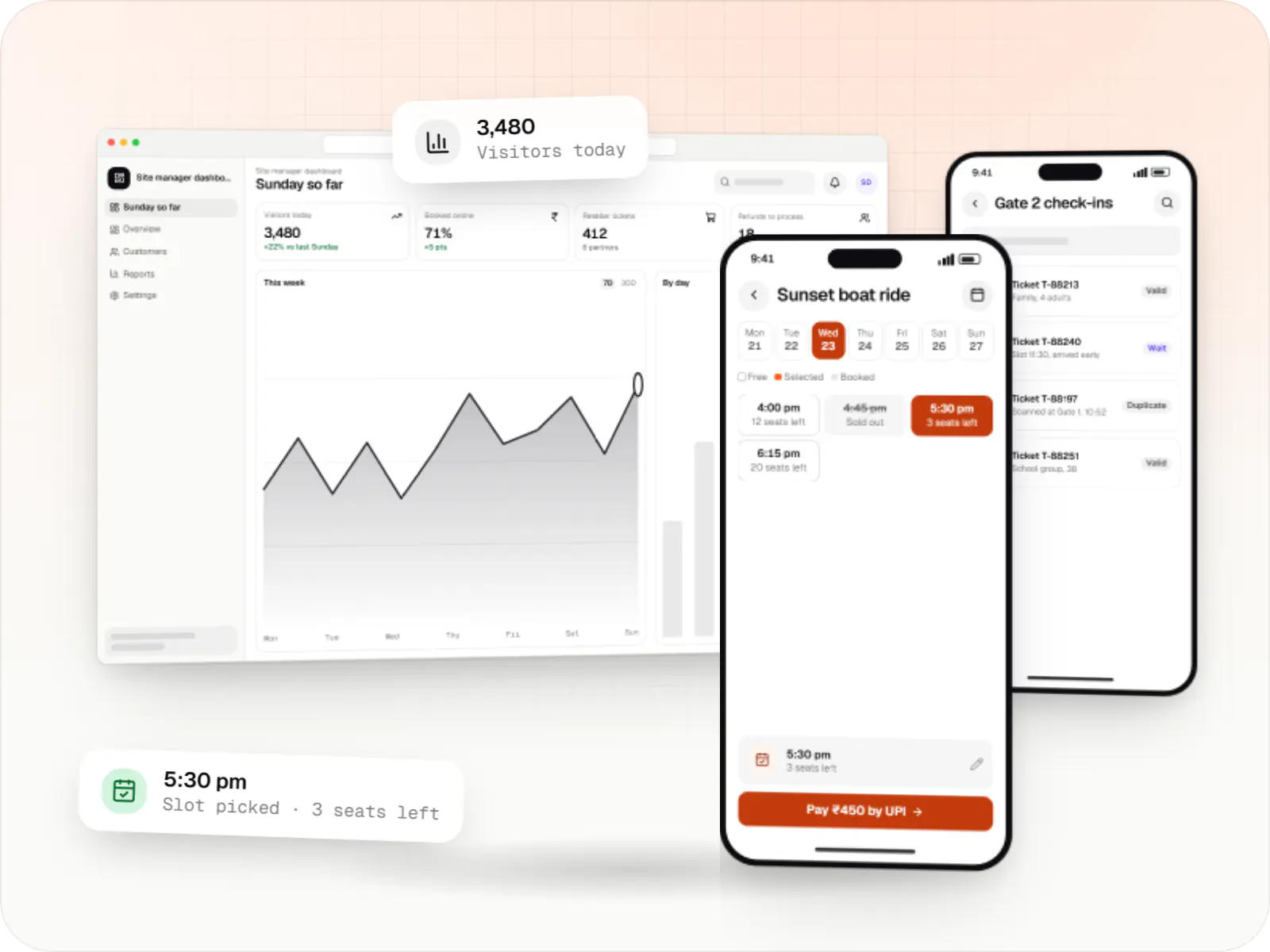 Tourism software screens: site manager dashboard in a browser, visitor booking app on a phone and gate scanner app on a phone