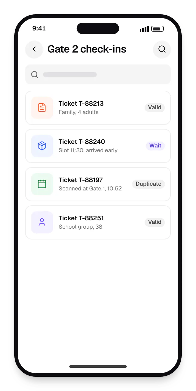 Tourism software gate scanner app gate 2 check-ins on a phone, with 4 entries