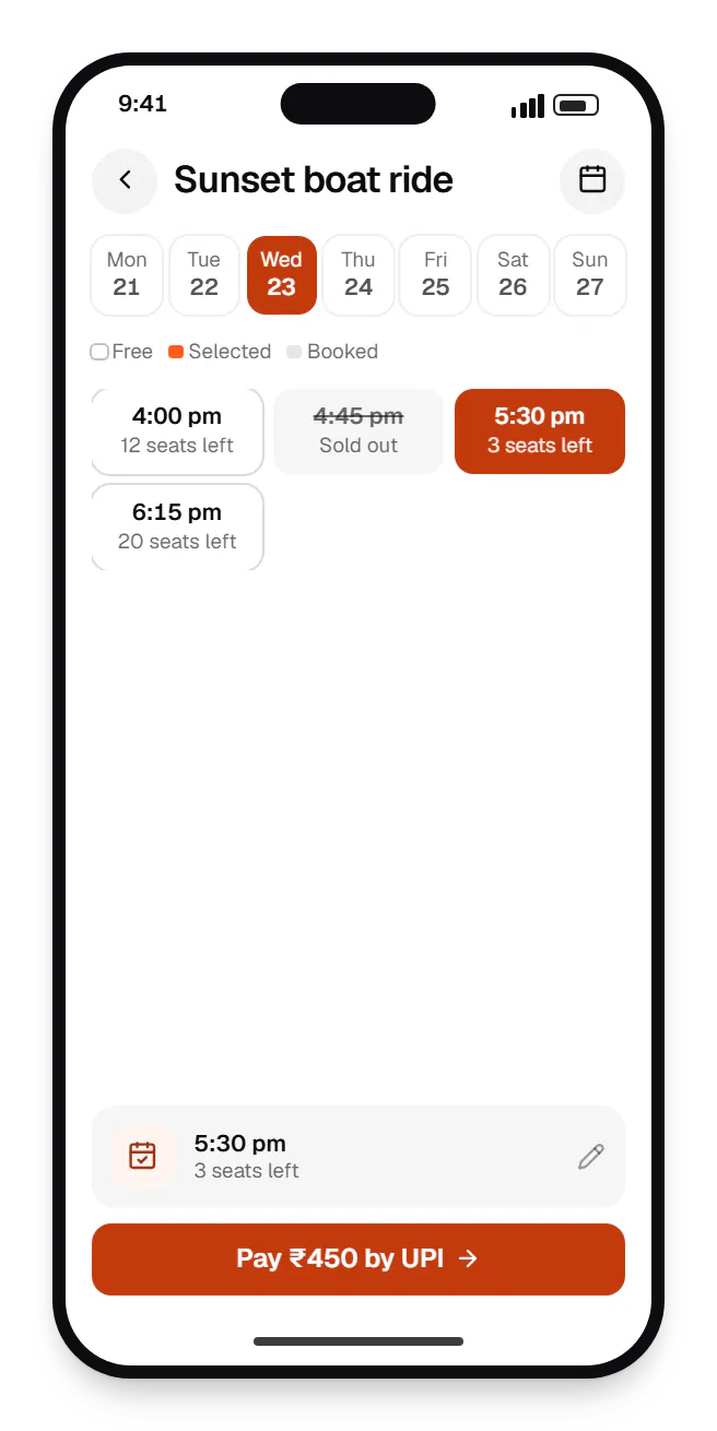Tourism software visitor booking app booking slots on a phone, with open time slots