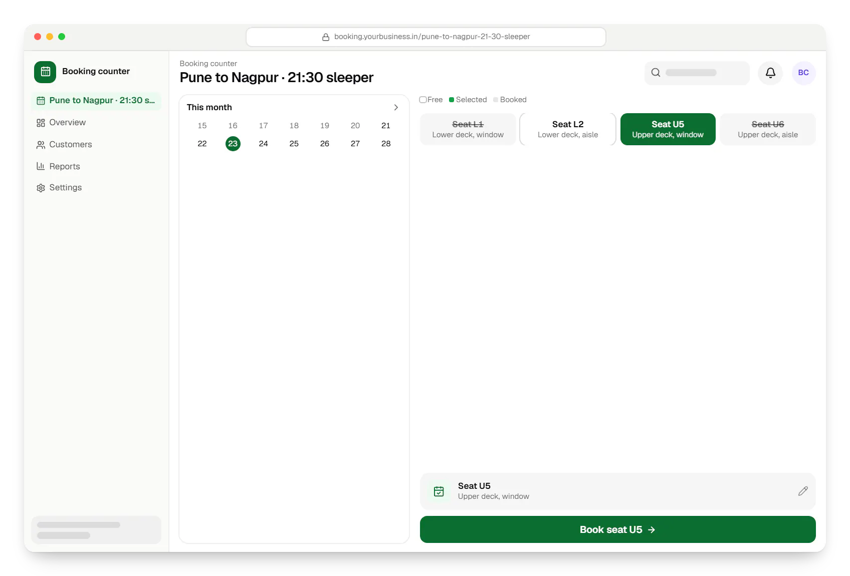 Transportation software booking counter booking slots in a web browser, with open time slots