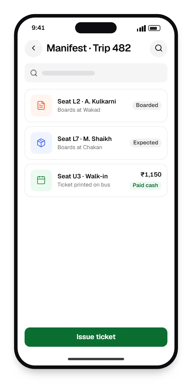 Transportation software conductor app manifest on a phone, with 3 entries
