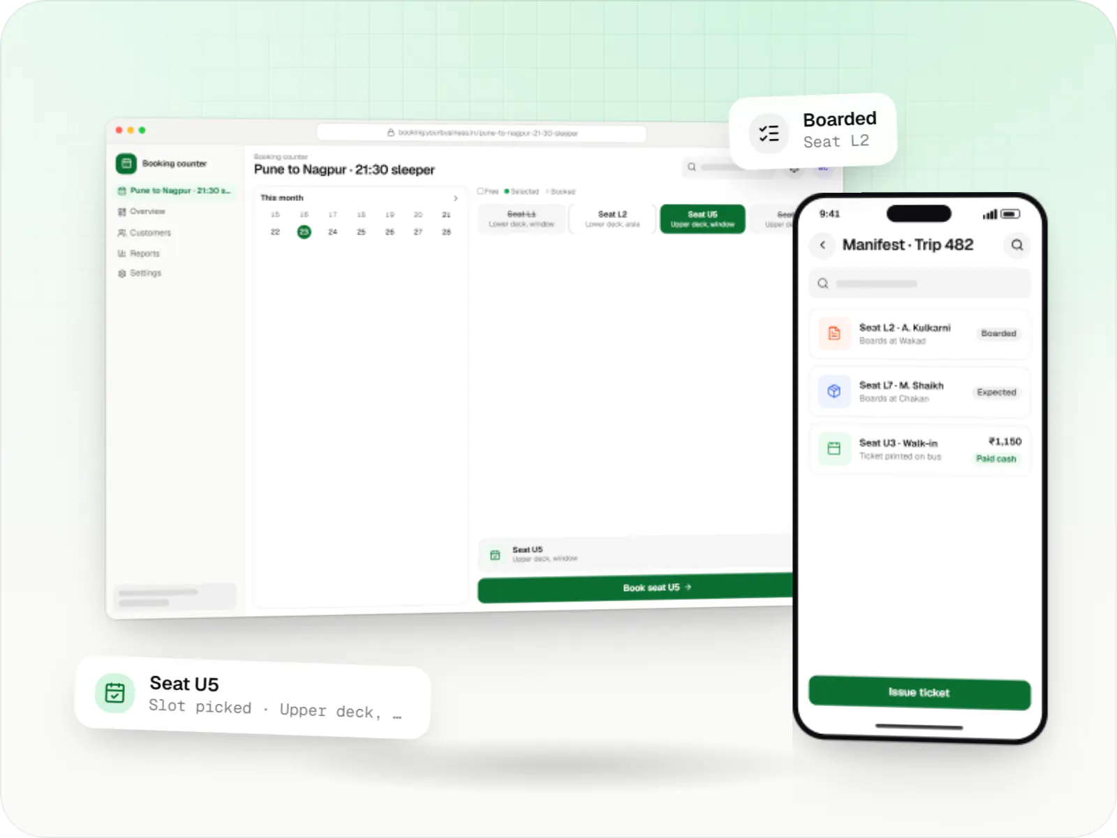 Transportation software screens: booking counter booking slots in a browser and conductor app on a phone