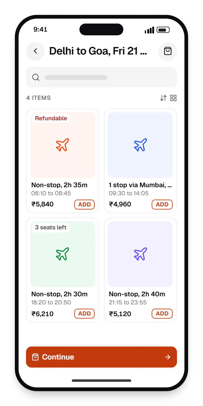 Travel software customer booking app catalogue on a phone, showing Delhi to goa, Fri 21 Nov with prices