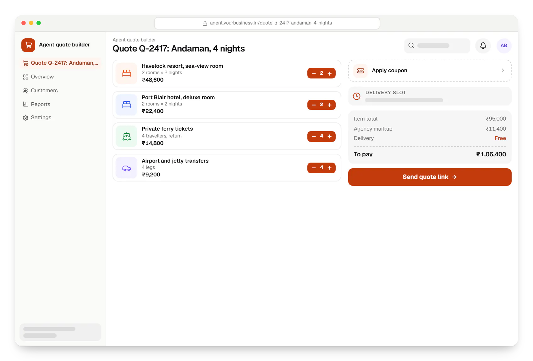Travel software agent quote builder cart in a web browser, with 5 items and the order total