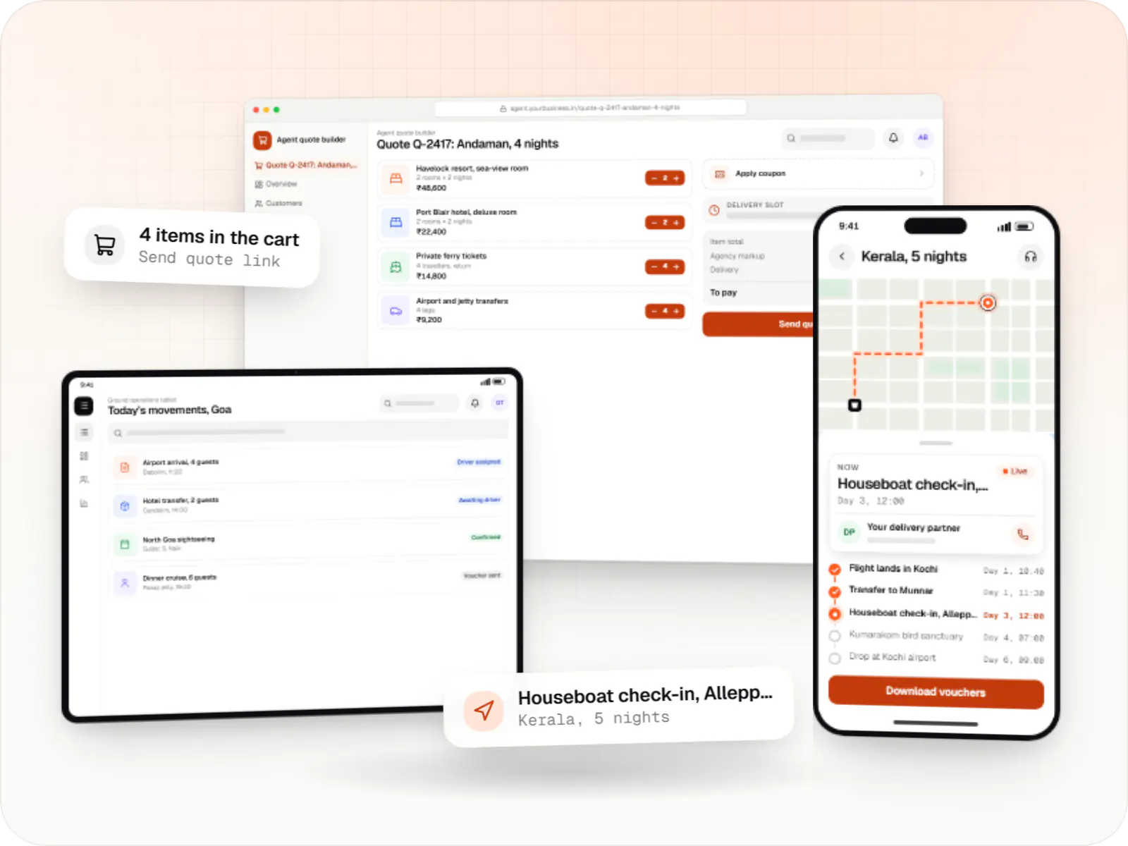 Travel software screens: agent quote builder in a browser, ground operations tablet and traveller itinerary app on a phone