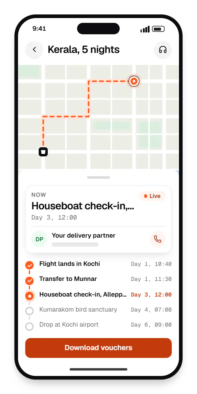 Travel software traveller itinerary app order tracking on a phone, with live status steps