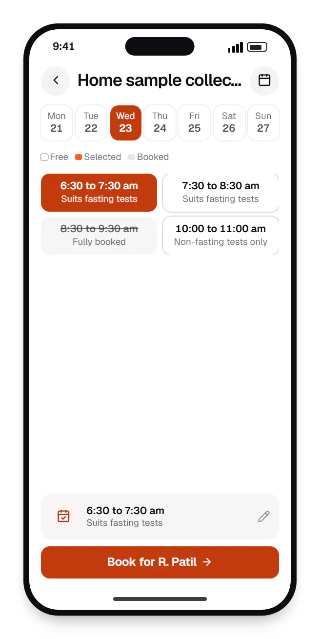 UI/UX design booking slots on a phone, with open time slots