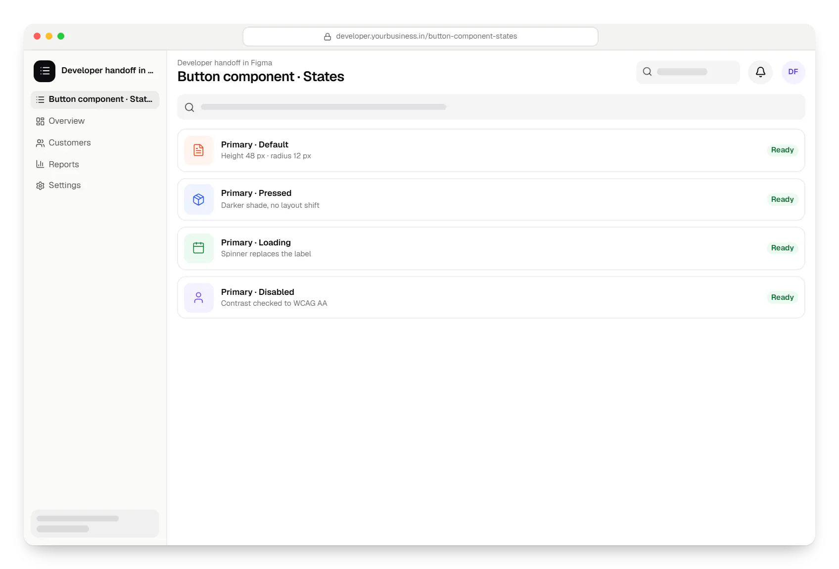 UI/UX design developer handoff button component in a web browser, with 4 entries