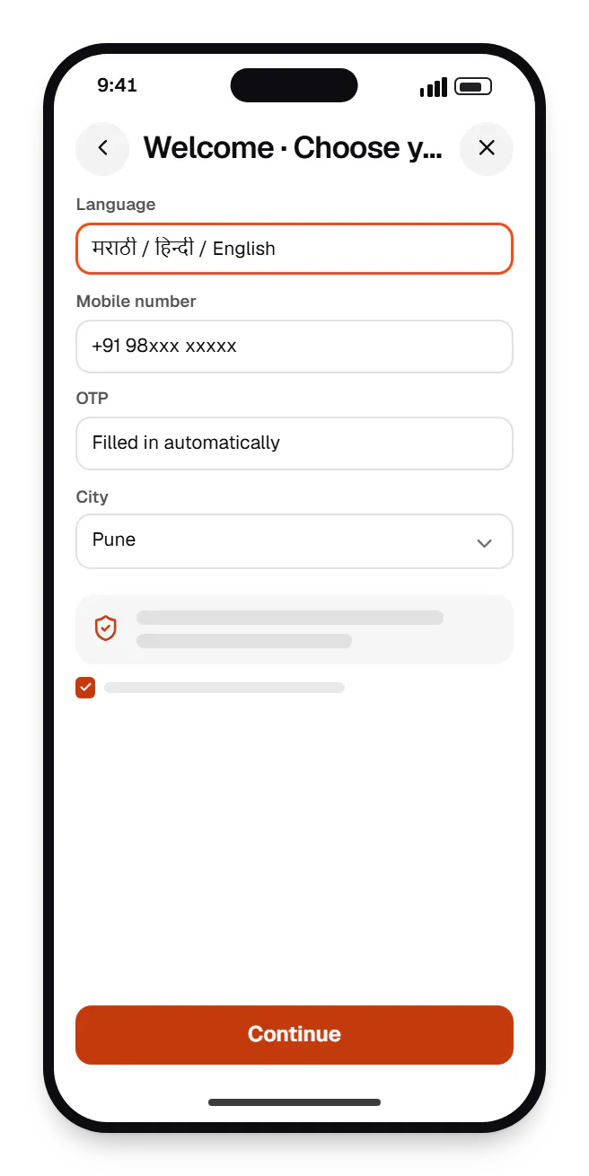 UI/UX design onboarding welcome on a phone, with input fields and an action button