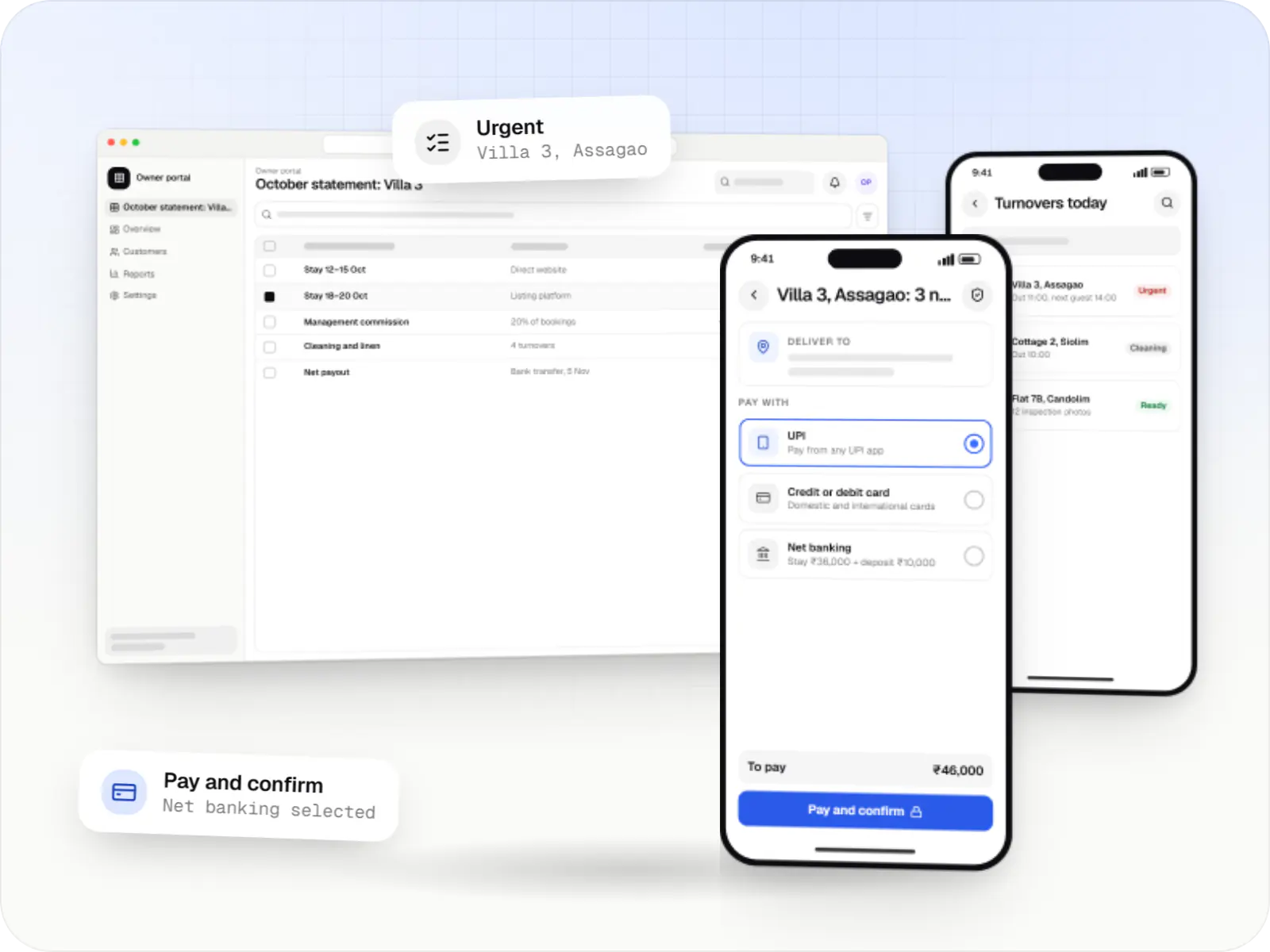 Vacation rental software screens: owner portal in a browser, direct booking website on a phone and caretaker app on a phone