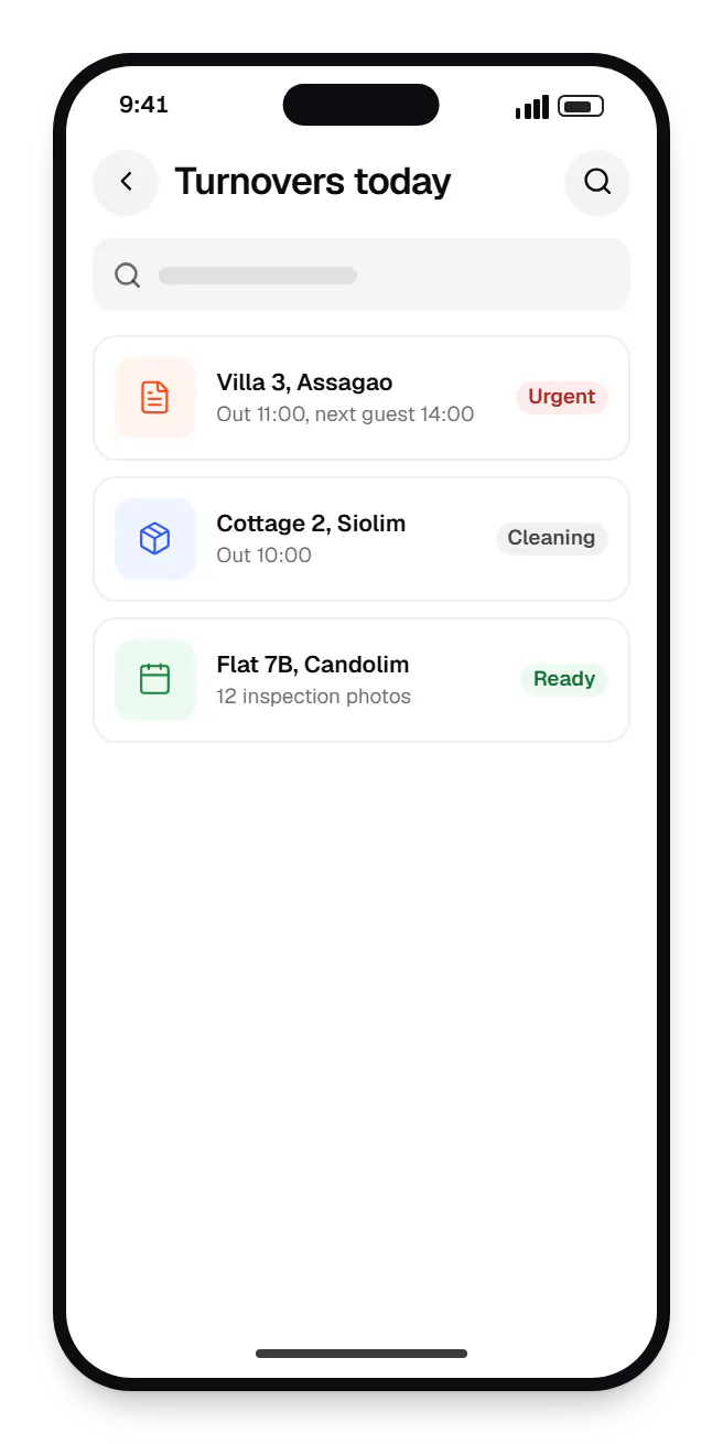 Vacation rental software caretaker app turnovers today on a phone, with 3 entries