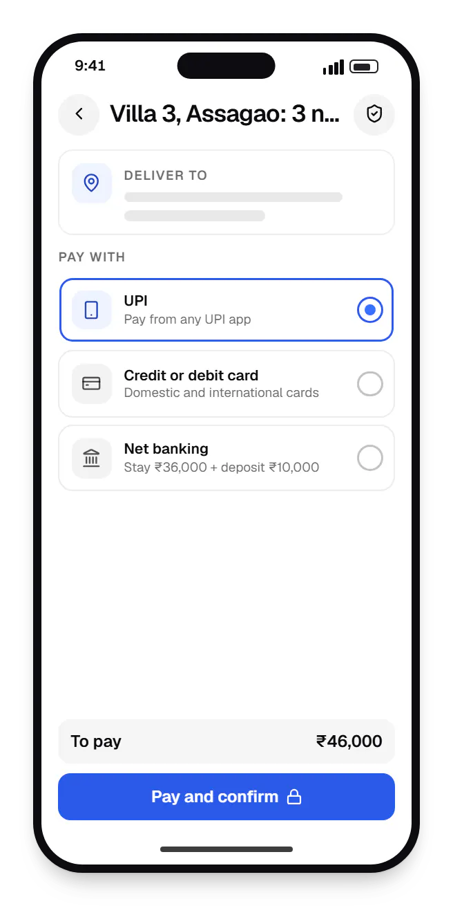 Vacation rental software direct booking website checkout on a phone, with UPI, credit or debit card and net banking options