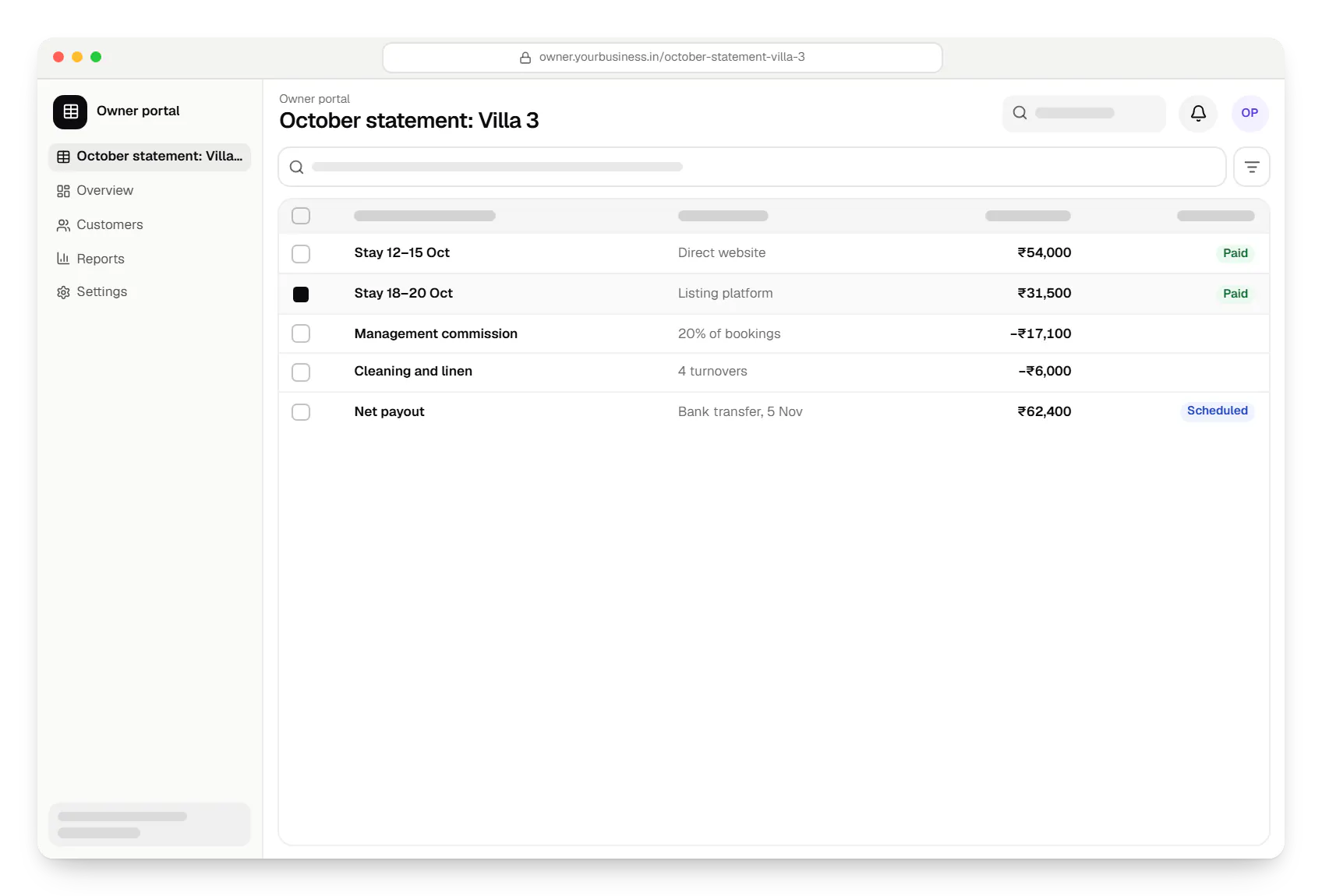 Vacation rental software owner portal October statement: villa 3 table in a web browser, with 5 rows and status labels