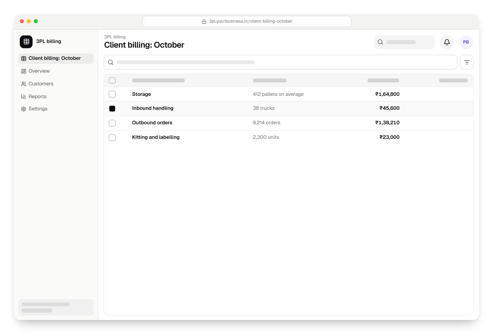 Warehouse and distribution software 3PL billing client billing: October table in a web browser, with 4 rows and status labels