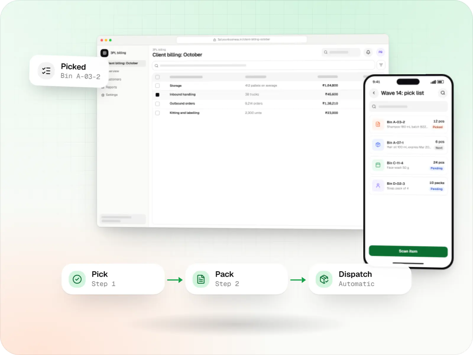 Warehouse and distribution software screens: 3PL billing client billing table in a browser