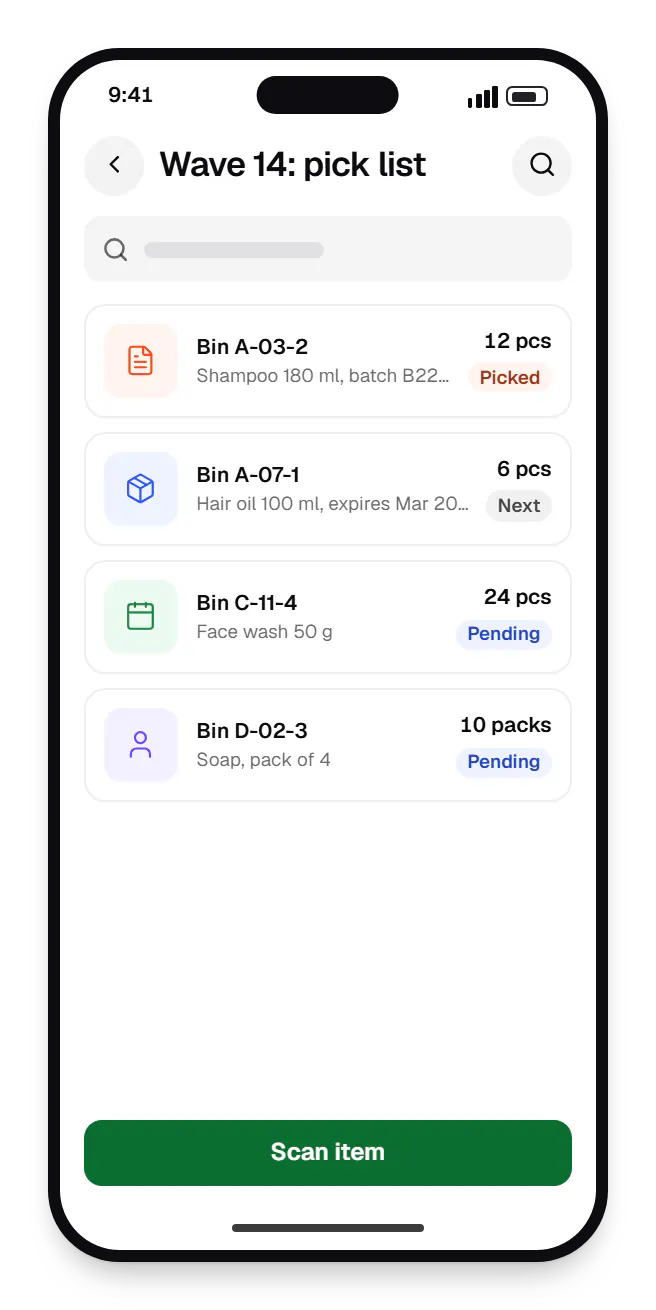 Warehouse and distribution software handheld picking app wave 14: pick list on a phone, with 4 entries