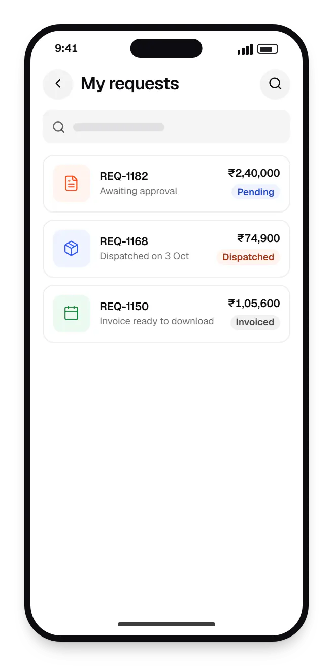 Web application customer portal on a phone my requests on a phone, with 3 entries