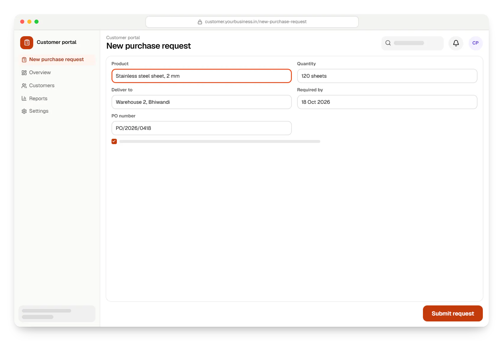 Web application customer portal new purchase request in a web browser, with input fields and an action button