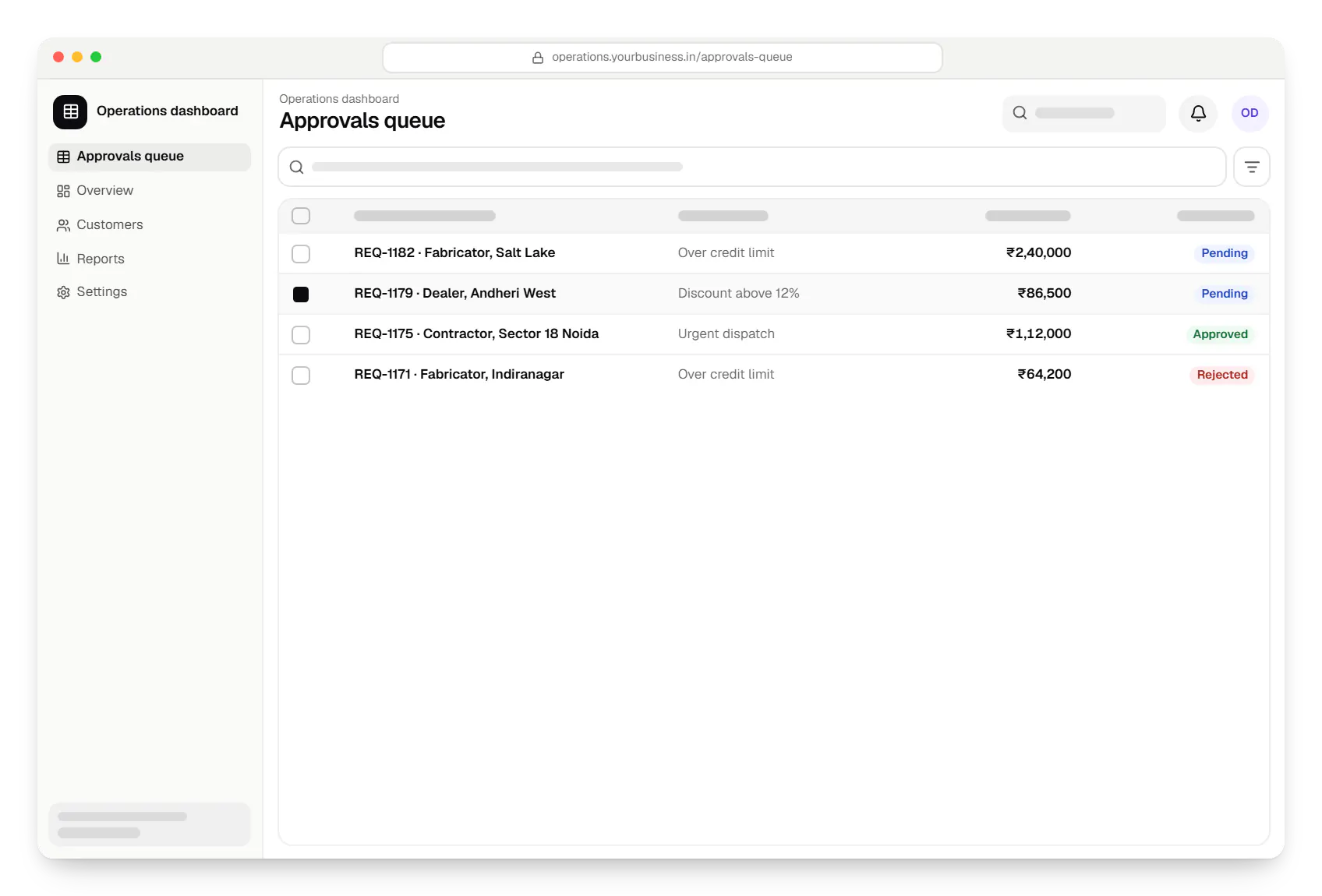 Web application operations dashboard approvals queue table in a web browser, with 4 rows and status labels