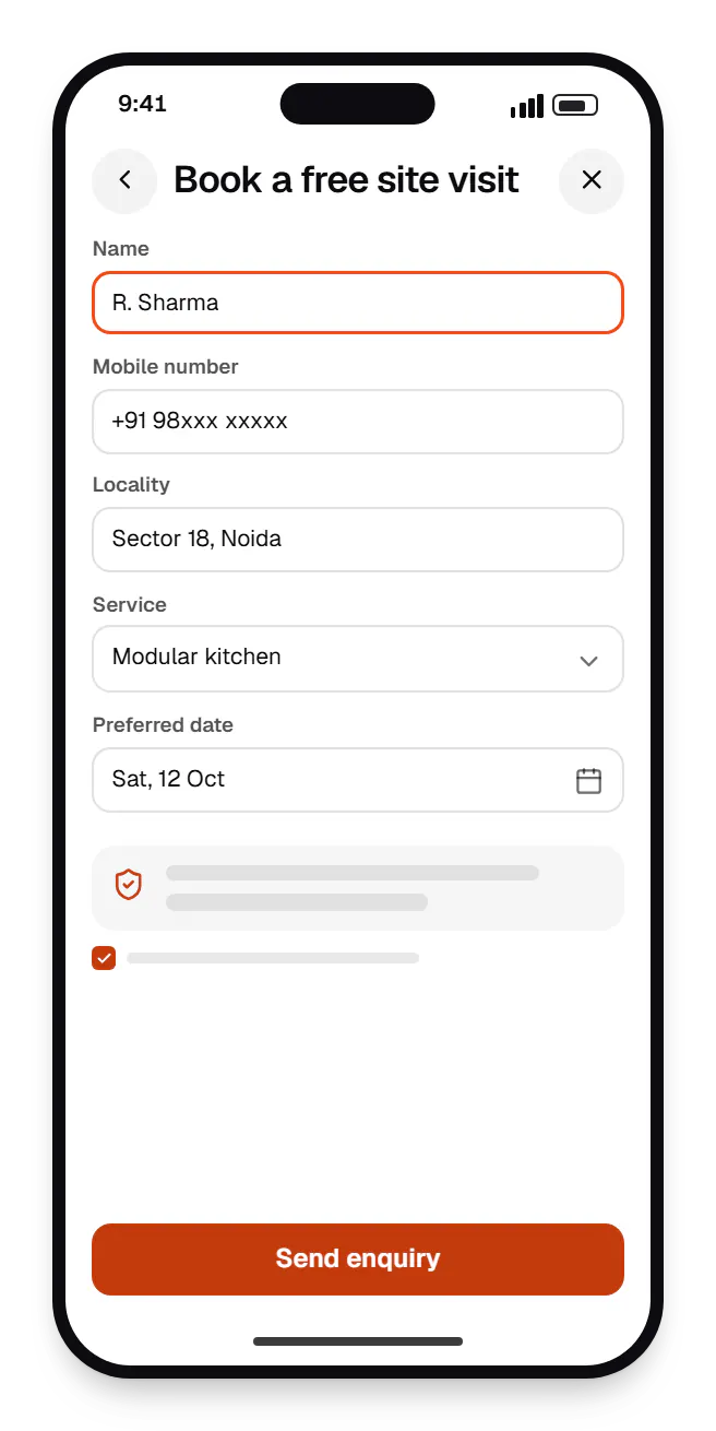 Website on a phone book a free site visit on a phone, with input fields and an action button
