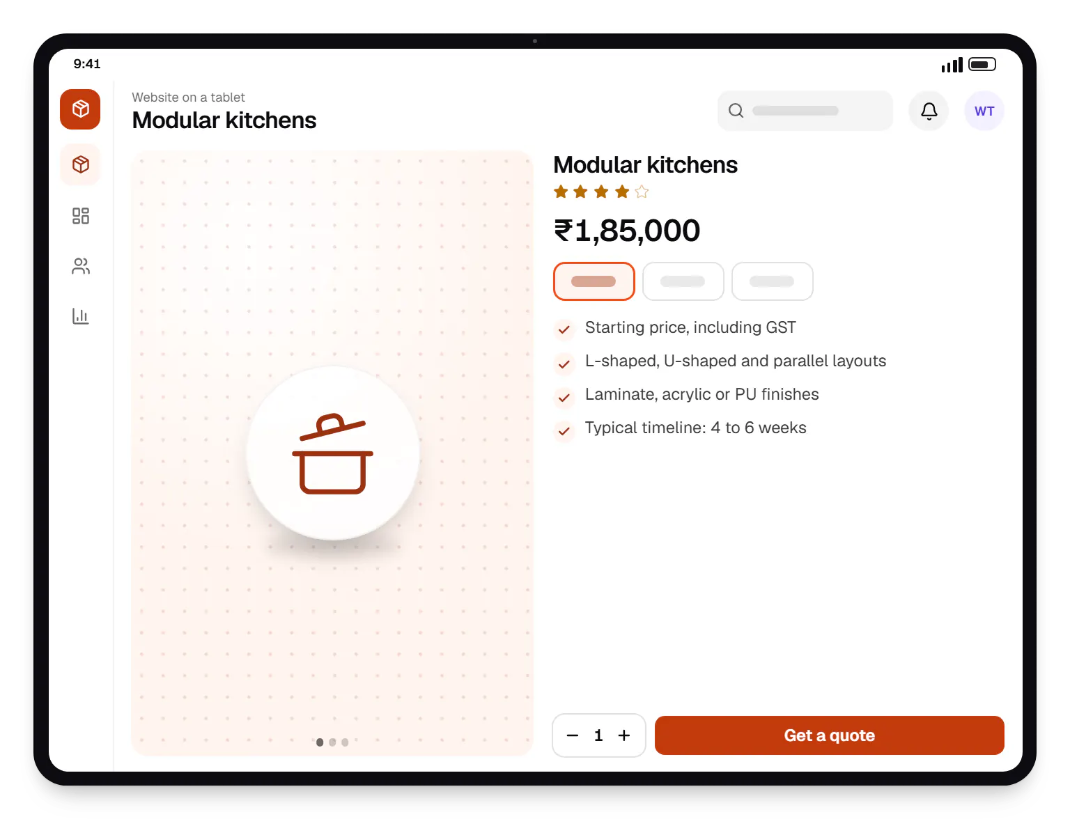 Website on a tablet product page on a tablet, for modular kitchens, with price and options