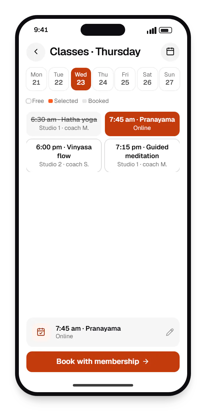 Wellness software client app booking slots on a phone, with open time slots