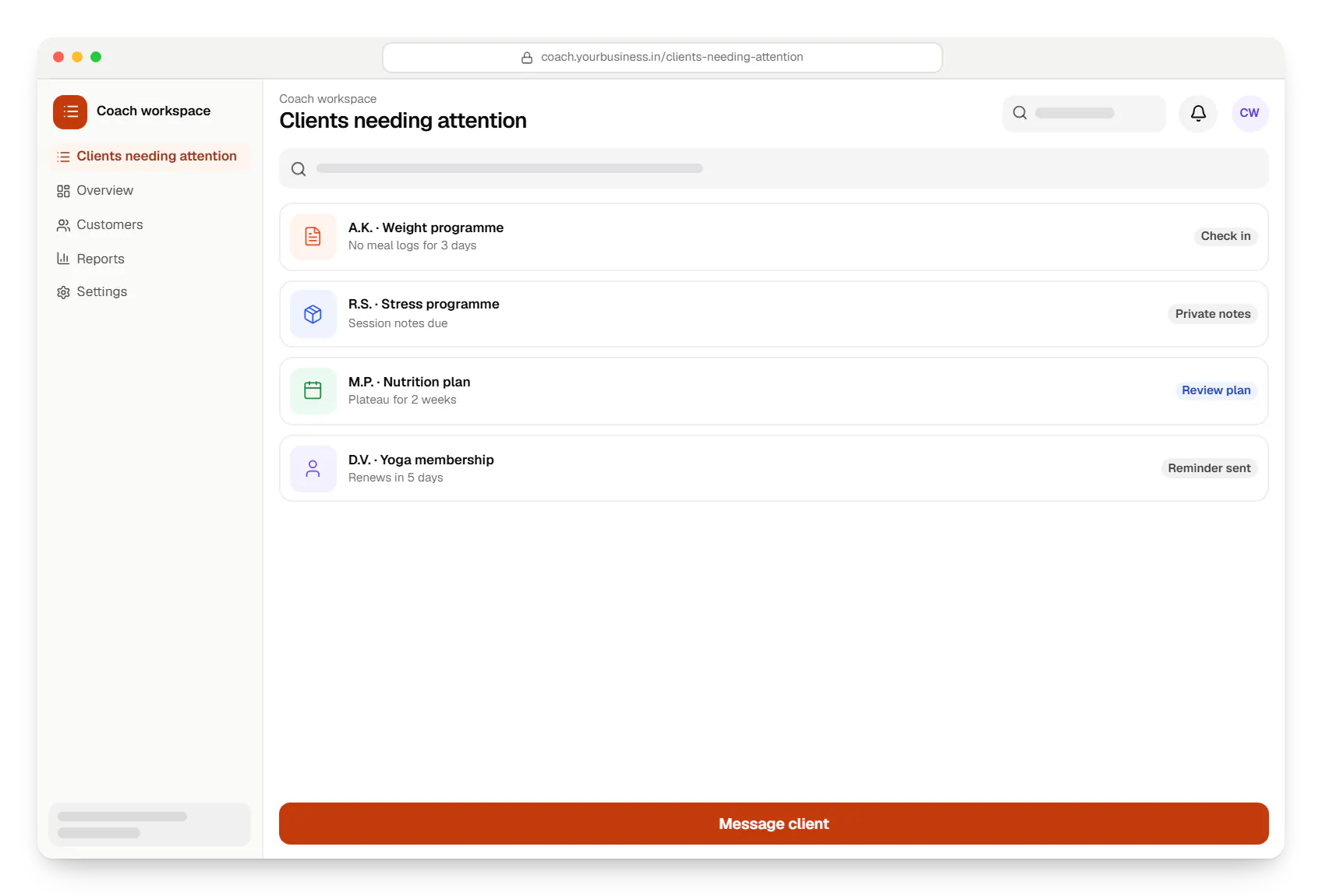 Wellness software coach workspace clients needing attention in a web browser, with 4 entries