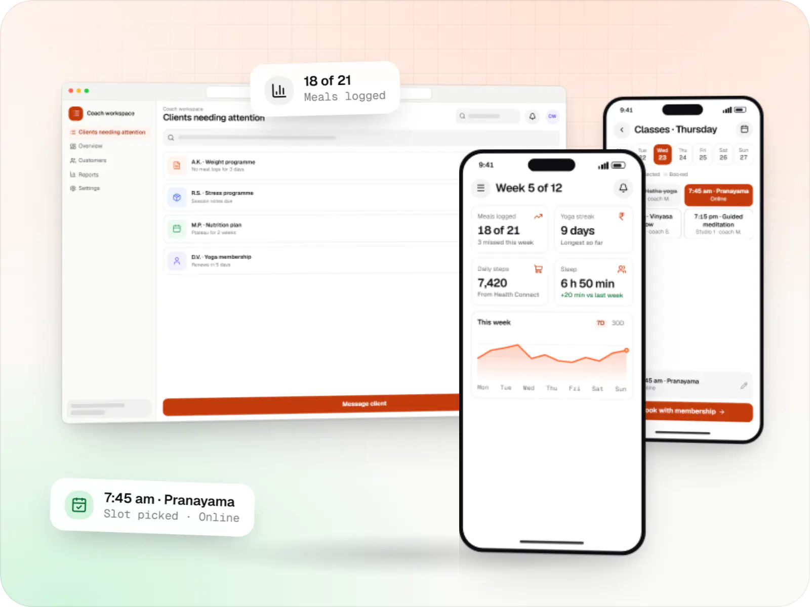 Wellness software screens: coach workspace in a browser and client app on two phones