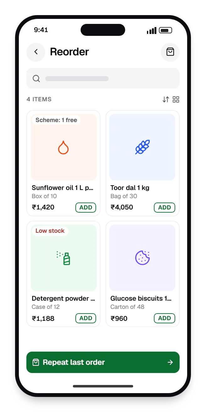 Wholesale software retailer app catalogue on a phone, showing reorder with prices