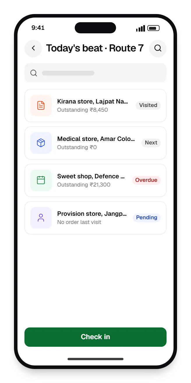 Wholesale software salesperson app today's beat on a phone, with 4 entries