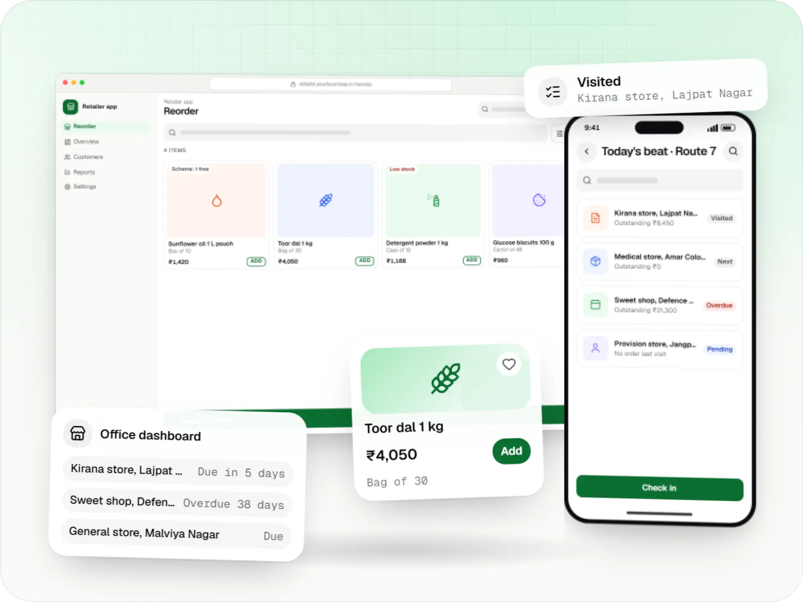 Wholesale software screens: storefront catalogue in a browser, salesperson app on a phone and a seller orders card